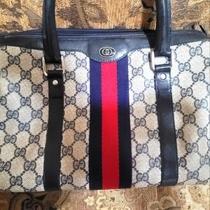 Gucci Beige GG Canvas Satchel with Blue and Red Stripe